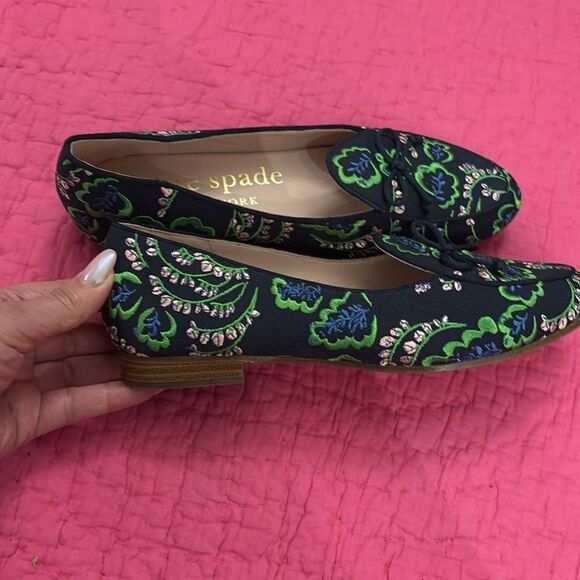 Kate Spade Women's Floral Embroidered Loafers - Black and Green, US6 - Picture 4 of 8
